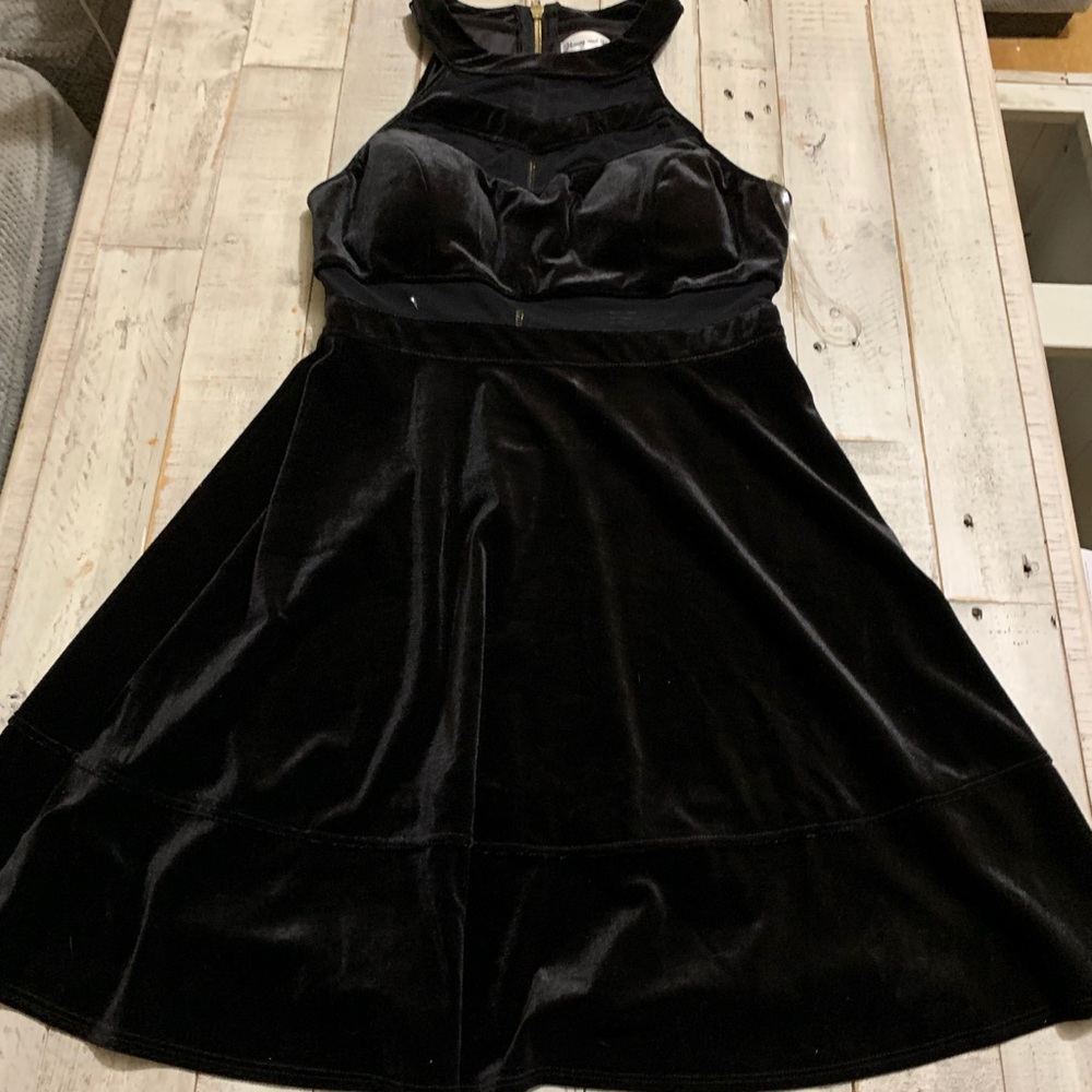 Honey and Rosie Velvet High Neck Illusion Waist Fit and Flare Dress